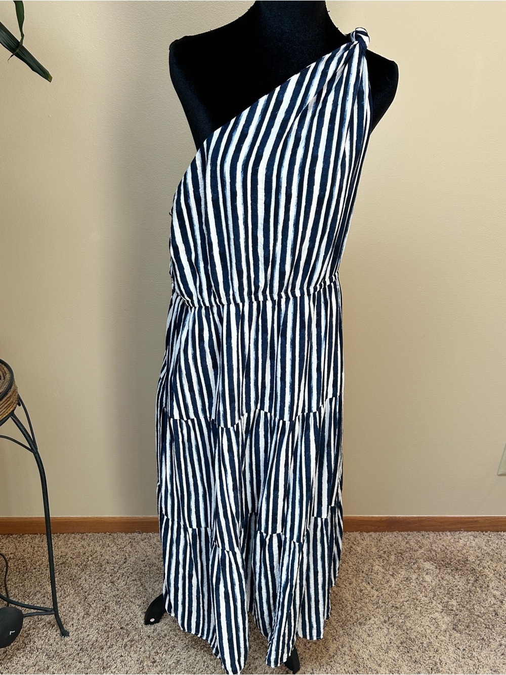 Maurices Navy and White Striped One-Shoulder Dress
